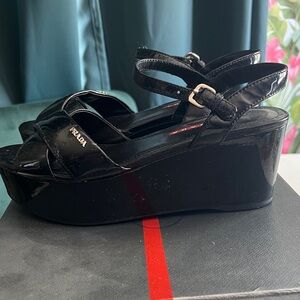Prada Black Patent Leather Platform Sandals 37.5